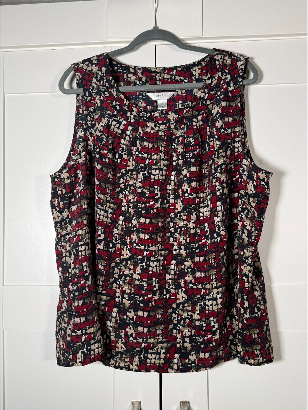 CJ Banks Women's Abstract Geo Print Sleeveless Blouse, Navy, Red, Tan, SIze 2X